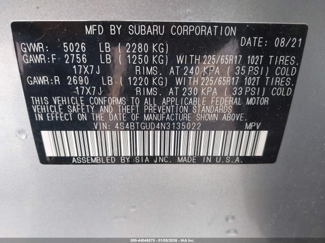 44048575 :رقم المزاد ، 4S4BTGUD4N3135022 vin ، 2022 Subaru Outback Wilderness مزاد بيع