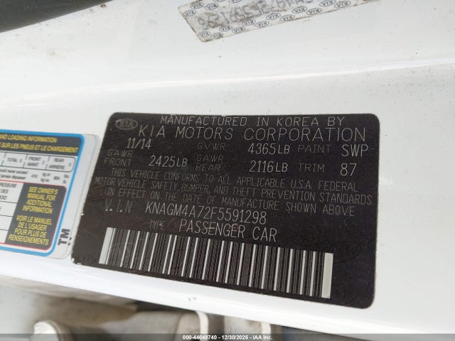 Aukcja sprzedaży 2015 Kia Optima Lx, vin: KNAGM4A72F5591298, numer aukcji: 44048740