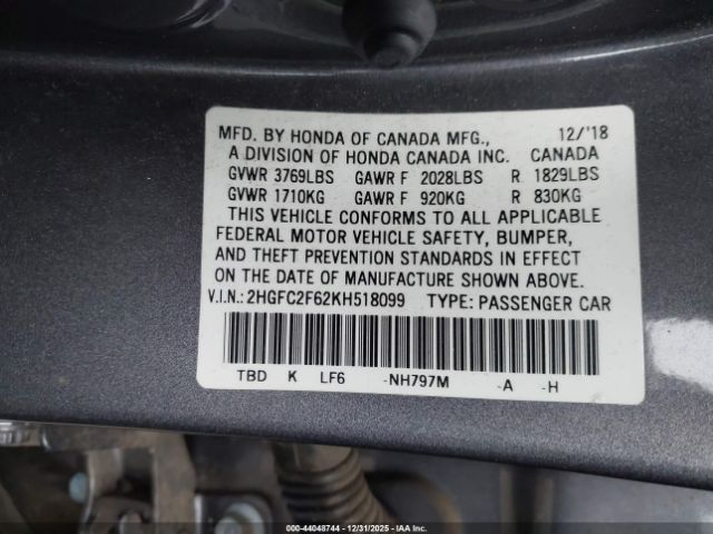 2019 HONDA CIVIC 2HGFC2F62KH518099 Photo 8