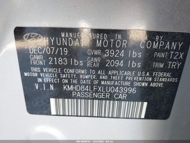KMHD84LFXLU043996 Hyundai ELANTRA SEL