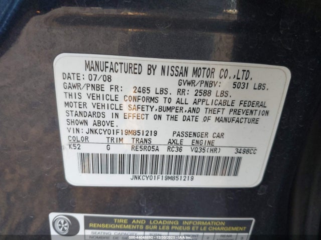 44048892 :رقم المزاد ، JNKCY01F19M851219 vin ، 2009 Infiniti M35x مزاد بيع