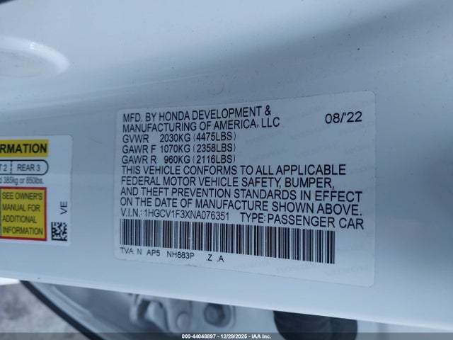 1HGCV1F3XNA076351 Honda Accord Sport