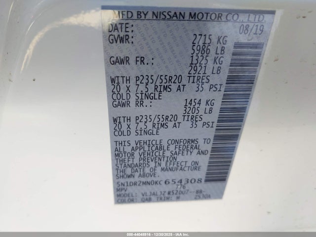 5N1DR2MN0KC654308 Nissan Pathfinder Platinum