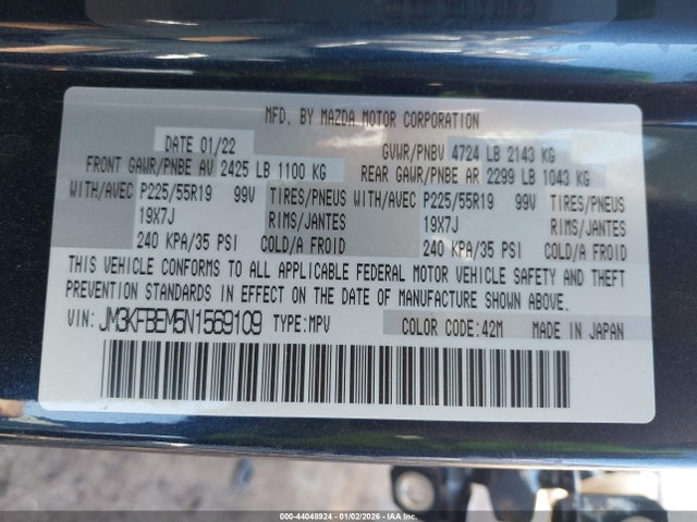 Aukcja sprzedaży 2022 Mazda Cx-5 2.5 S Premium Plus, vin: JM3KFBEM5N1569109, numer aukcji: 44048924