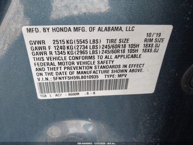 Honda Pilot 2wd Ex-l 2020 5FNYF5H59LB010935 Image 9