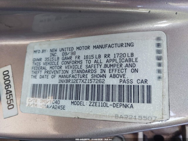 1999 TOYOTA COROLLA 1NXBR12E7XZ157262 Photo 8