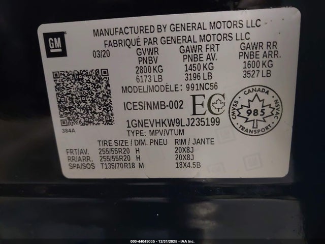 1GNEVHKW9LJ235199 Chevrolet Traverse 3lt