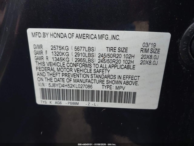 Aukcja sprzedaży 2019 Acura Mdx Tech Pkg, vin: 5J8YD4H52KL027086, numer aukcji: 44049101