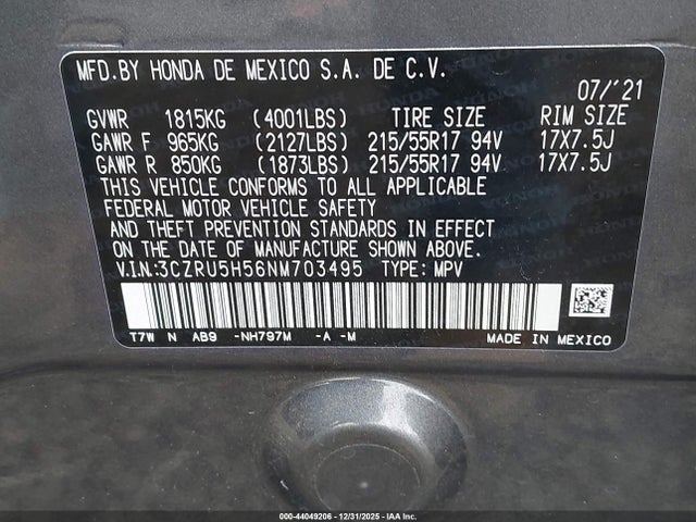 3CZRU5H56NM703495 Honda Hr-v 2wd Ex