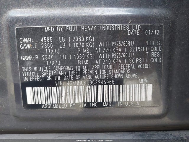 Aukcja sprzedaży 2012 Subaru Outback 2.5i Limited, vin: 4S4BRCKC9C3245966, numer aukcji: 44049331