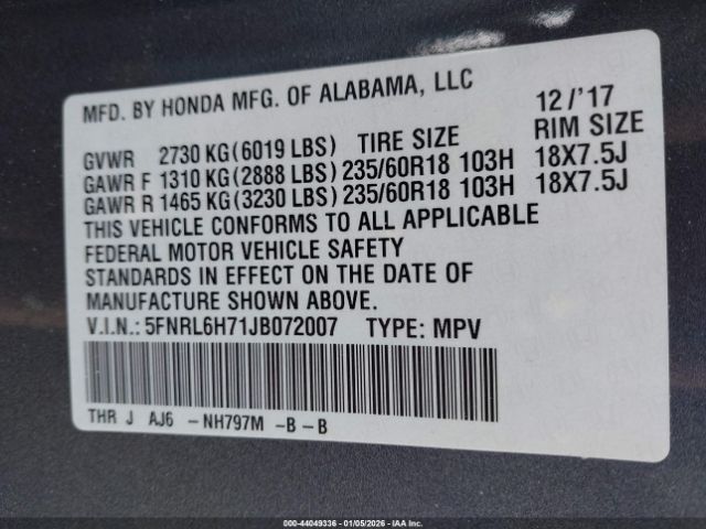 2018 HONDA ODYSSEY 5FNRL6H71JB072007 Photo 8