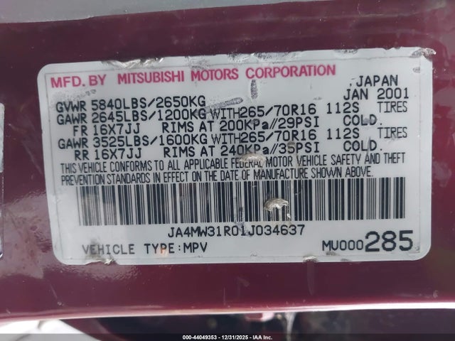 2001 MITSUBISHI MONTERO JA4MW31R01J034637 Photo 8