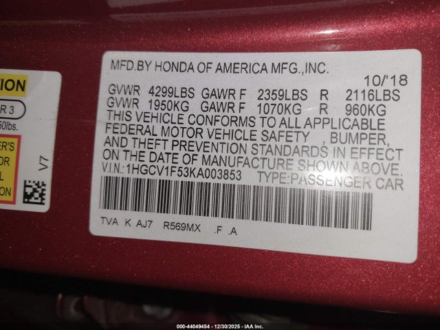 1HGCV1F53KA003853 Honda Accord Ex-l