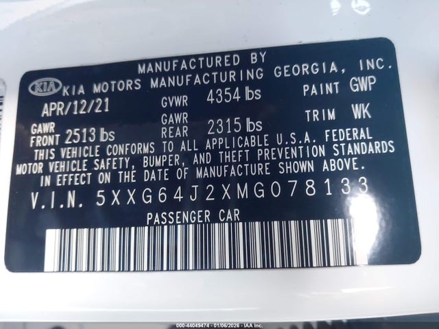 Продажа на аукционе авто 2021 Kia K5 Gt-line, vin: 5XXG64J2XMG078133, номер лота: 44049474