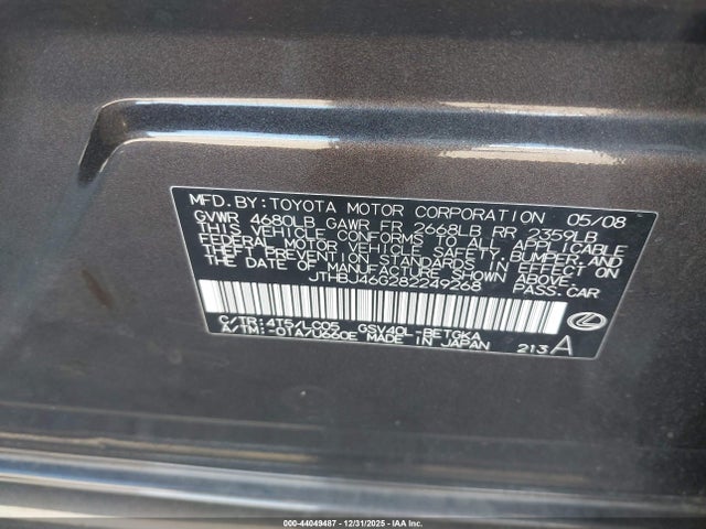 Aukcja sprzedaży 2008 Lexus Es 350, vin: JTHBJ46G282249268, numer aukcji: 44049487