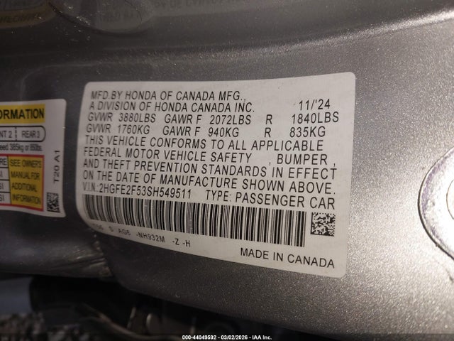 Honda Civic Sport 2025 2HGFE2F53SH549511 Image 9