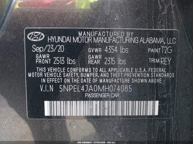 5NPEL4JA0MH074085 Hyundai SONATA SEL