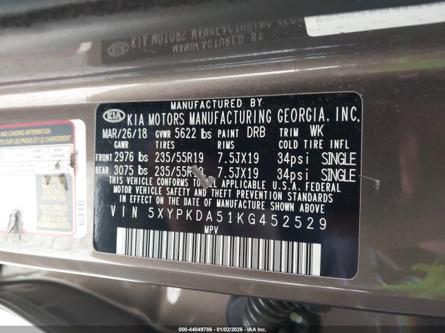 5XYPKDA51KG452529 KIA Sorento 3.3l Sx
