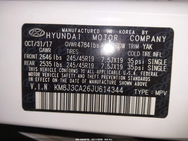 2018 Hyundai Tucson Limited მანქანა იყიდება აუქციონზე, vin: KM8J3CA26JU614344, აუქციონის ნომერი: 44049792