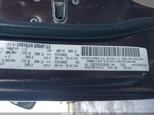 Продажа на аукционе авто 2012 Ram 1500 Laramie, vin: 1C6RD7NT9CS185589, номер лота: 44049860