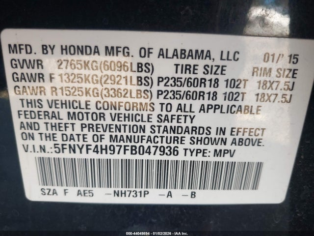 Honda Pilot Touring 2015 5FNYF4H97FB047936 Image 9
