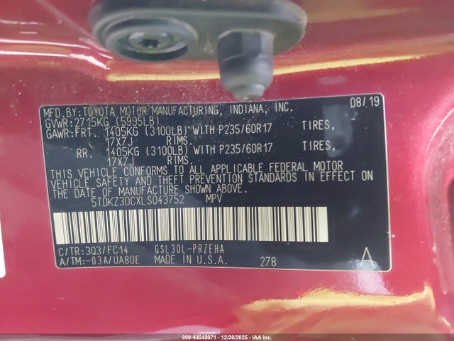 5TDKZ3DCXLS043752 Toyota SIENNA LE