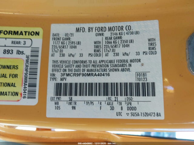 Ford Bronco Sport First Edition 2021 3FMCR9F90MRA40416 Image 9