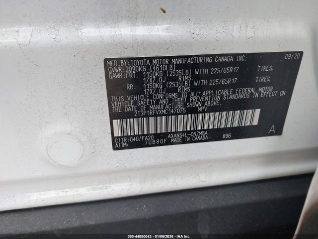 2021 Toyota Rav4 Xle მანქანა იყიდება აუქციონზე, vin: 2T3P1RFVXMC147075, აუქციონის ნომერი: 44050043