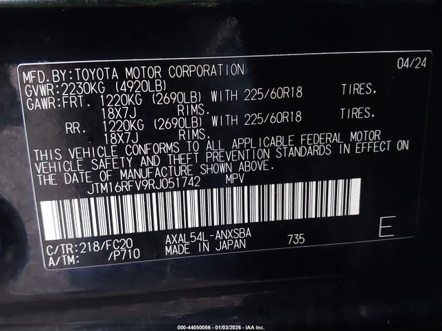 JTM16RFV9RJ051742 Toyota Rav4 Hybrid Se