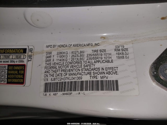 44050266 :رقم المزاد ، 5J8TC2H37KL041369 vin ، 2019 Acura Rdx Standard مزاد بيع