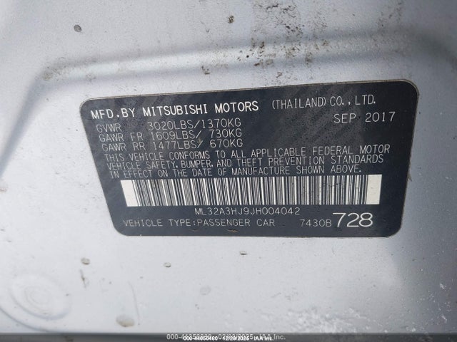 2018 Mitsubishi Mirage Es მანქანა იყიდება აუქციონზე, vin: ML32A3HJ9JH004042, აუქციონის ნომერი: 44050460