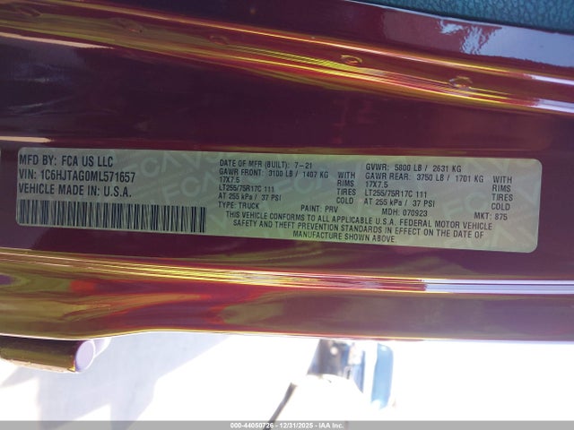 44050726 :رقم المزاد ، 1C6HJTAG0ML571657 vin ، 2021 Jeep Gladiator Willys Sport 4x4 مزاد بيع