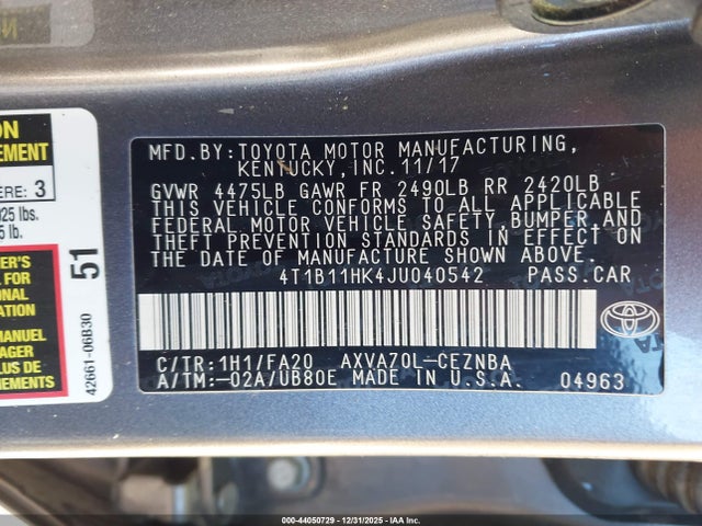 4T1B11HK4JU040542 Toyota CAMRY LE