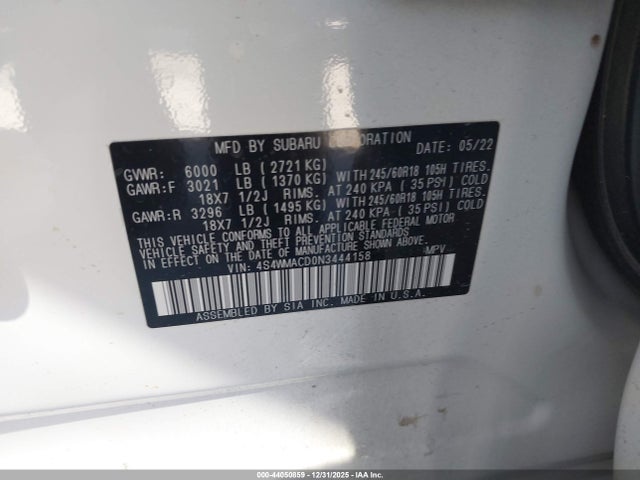 2022 Subaru Ascent Premium მანქანა იყიდება აუქციონზე, vin: 4S4WMACD0N3444158, აუქციონის ნომერი: 44050859