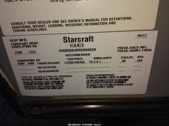 Продаж на аукціоні авто 2017 Starcraft Satellite 17rb, vin: 1SABS0AJ2H2VA5330, номер лоту: 44051010