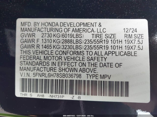 5FNRL6H78SB036798 Honda Odyssey Sport-l