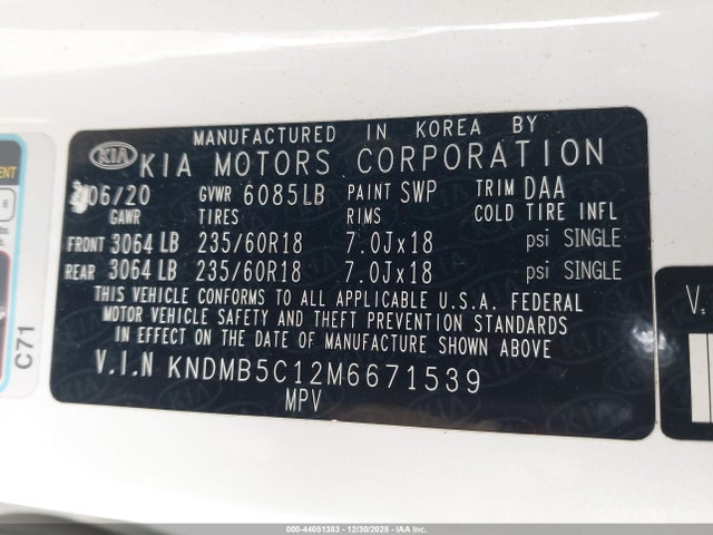44051383 :رقم المزاد ، KNDMB5C12M6671539 vin ، 2021 Kia Sedona Ex مزاد بيع