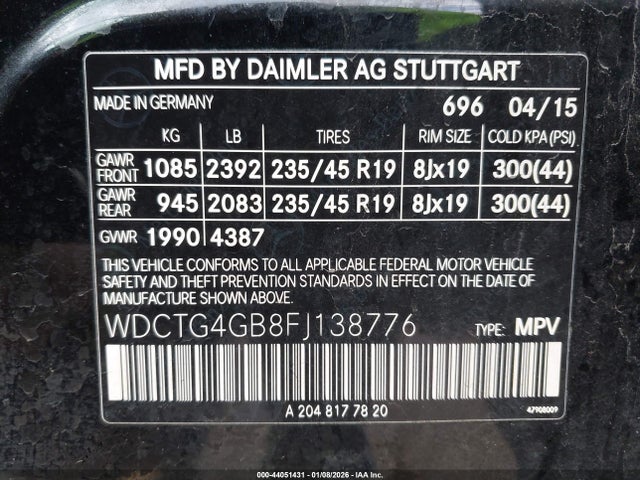 Aukcja sprzedaży 2015 Mercedes-benz Gla 250 4matic, vin: WDCTG4GB8FJ138776, numer aukcji: 44051431