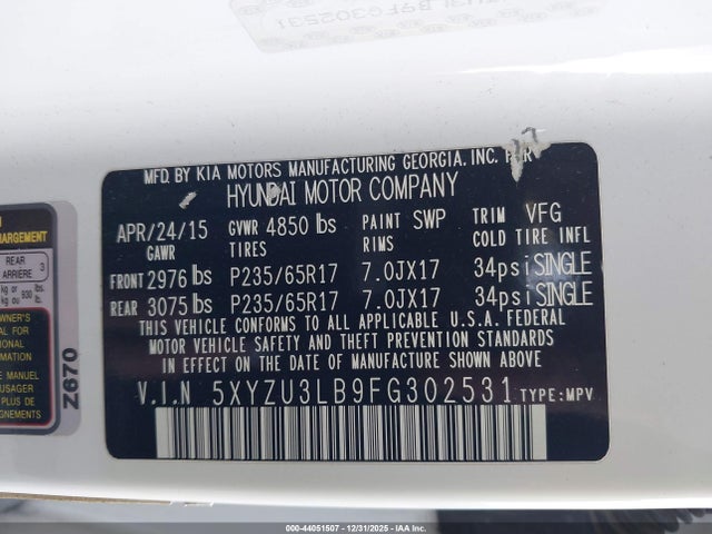 5XYZU3LB9FG302531 Hyundai Santa Fe Sport 2.4l