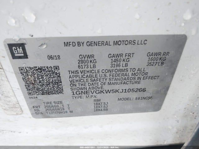1GNEVGKW5KJ105266 Chevrolet Traverse 1lt