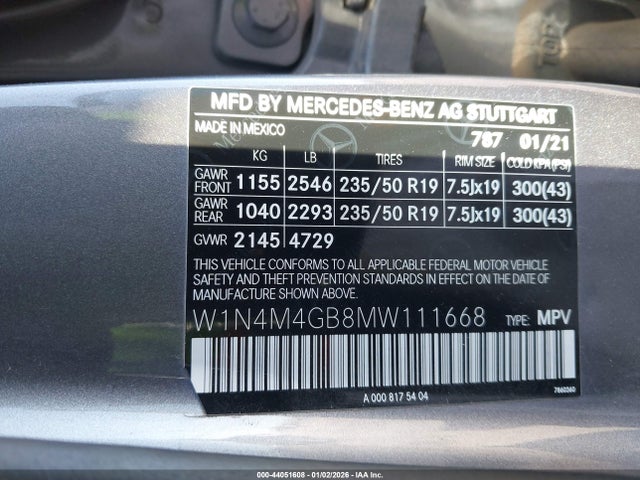 Aukcja sprzedaży 2021 Mercedes-benz Glb 250, vin: W1N4M4GB8MW111668, numer aukcji: 44051608