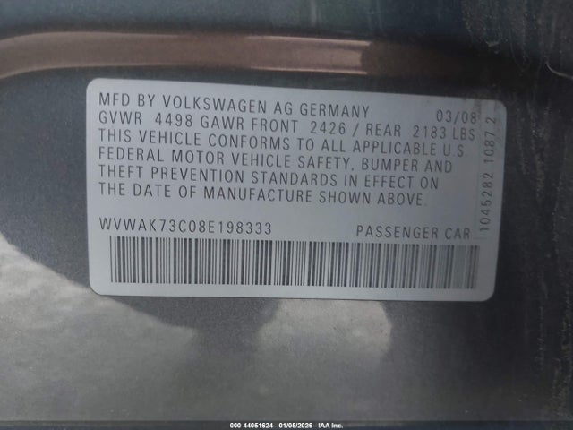 2008 VOLKSWAGEN PASSAT WVWAK73C08E198333 Photo 8