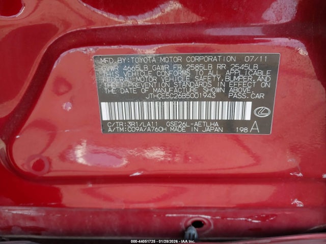 44051725 :رقم المزاد ، JTHCE5C26B5001943 vin ، 2011 Lexus Is 350 مزاد بيع