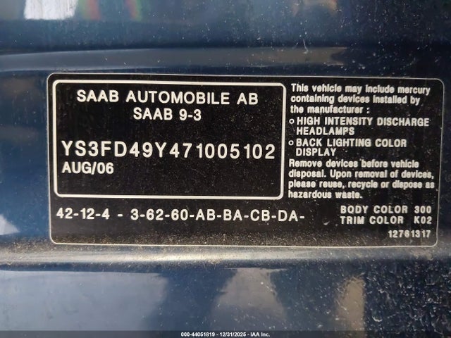 2007 SAAB 9-3 YS3FD49Y471005102 Photo 8