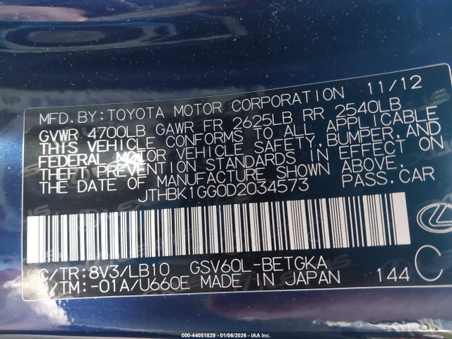 Продажа на аукционе авто 2013 Lexus Es 350, vin: JTHBK1GG0D2034573, номер лота: 44051829