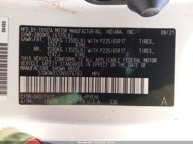 44051859 :رقم المزاد ، 5TDKRKEC5NS076783 vin ، 2022 Toyota Sienna Le مزاد بيع