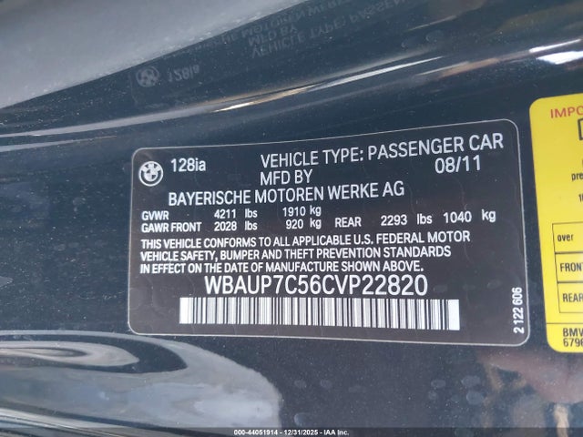 Продажа на аукционе авто 2012 Bmw 128i, vin: WBAUP7C56CVP22820, номер лота: 44051914