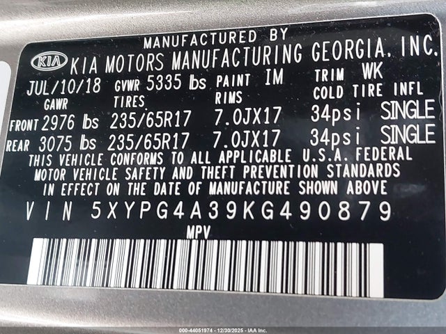 5XYPG4A39KG490879 KIA Sorento 2.4l L