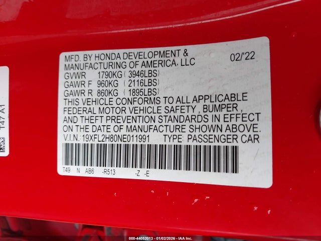 19XFL2H80NE011991 Honda Civic Sport