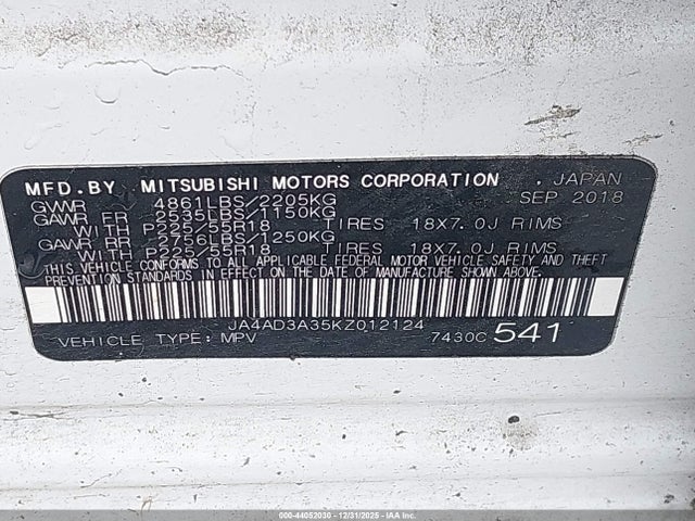 44052030 :رقم المزاد ، JA4AD3A35KZ012124 vin ، 2019 Mitsubishi Outlander Se مزاد بيع